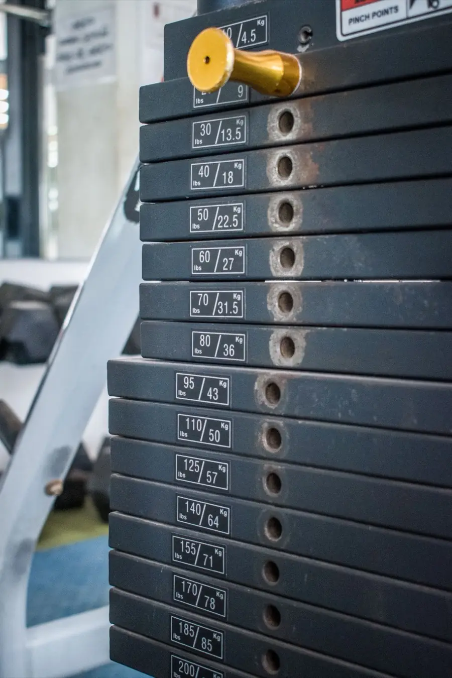 La torre de placas de una máquina, con las cargas rotuladas en kilos